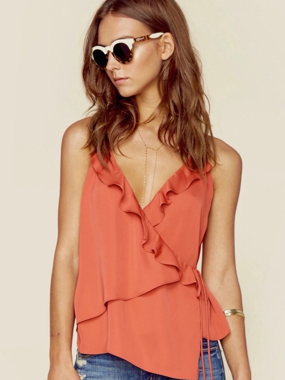 L'Academie The Ruffle Cami wrap top in Coral size M.